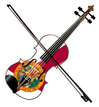 A typical violin with Florida flag and bow isolated over a white background