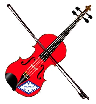 A typical violin with Arkansas state flag and bow isolated over a white background