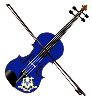 A typical violin with Connecticut state flag and bow isolated over a white background