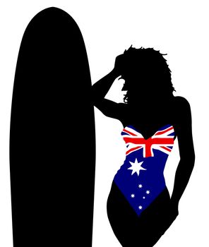 A girl with a surfboard and an Australian flag whimsuit