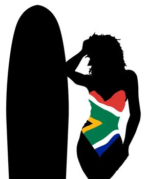 A girl with a surfboard and South African flag whimsuit