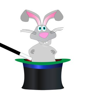 A magicians hat and wand with cartoon rabbit over a white background