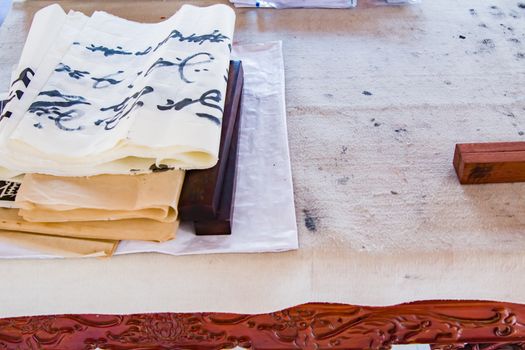 Close up of the stationary on a chinese caligraphy desk