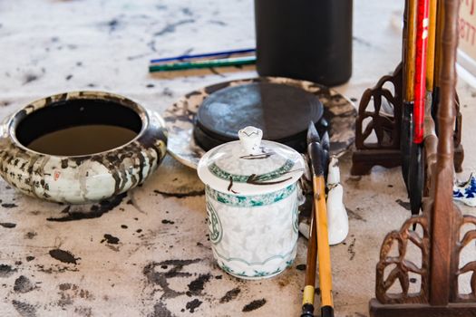 Close up of the stationary on a chinese caligraphy desk