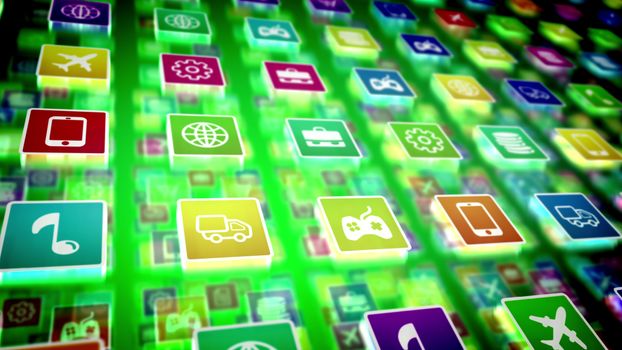 A multilayered 3d rendering of salient mobile application icons on a pc screen located diagonally. The icons are square and present a note, airplane, cogwheel, coin, case, basket, and other signs.