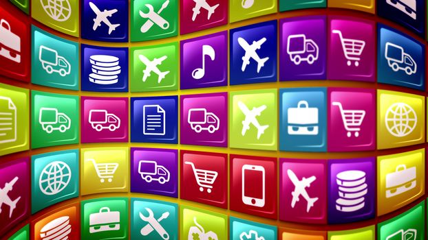 An abstract 3d rendering of wavy mobile application icons on a computer screen. The icons are square and offer a truck, globe, note, mobile, airplane, cogwheel, coin, basket, briefcase symbols.