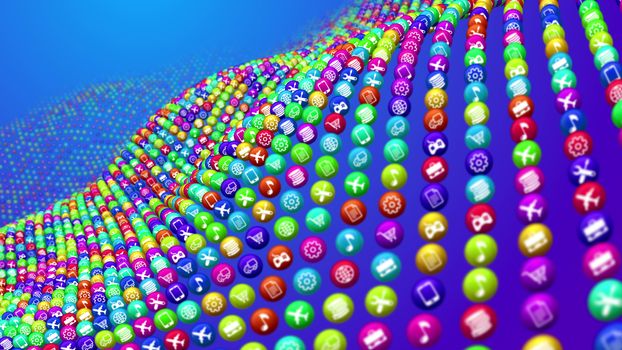A surrealistic 3d illustration of curvy colorful social mass media surface made of balls put in the blue background. They have various signs, including transportation, finance, shopping, and music.