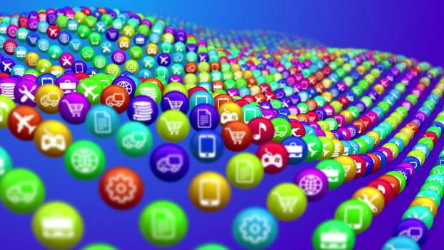 A stunning 3d illustration of social media news balls covering a steep surface. They resemble a sea bottom in some cyberspace world. The balls depict music, finance, flying, shopping services. 