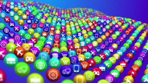 A holographic 3d rendering of uneven colorful social mass media surface from balls put in the blue background aslant. They have various symbols, such as transportation, finance, and shopping.