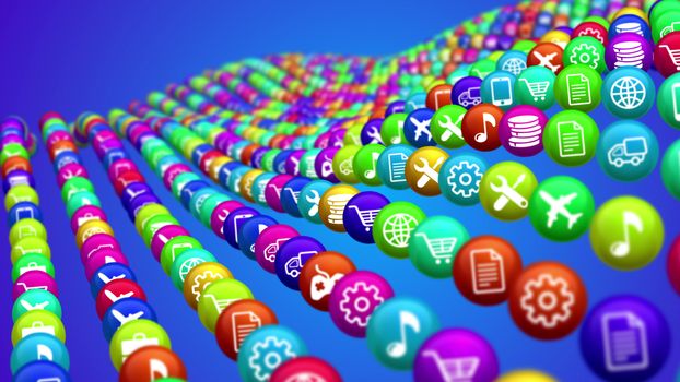 An unusual 3d rendering of curvy multicolored social mass media balls located in rows in the blue background aslant. They impose different social services, but financial dominate.