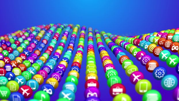 3d illustration of colorful social mass media balls placed in rows in the blue background. They illustrate various social services, including flight, music, finance, fixing and transportation.