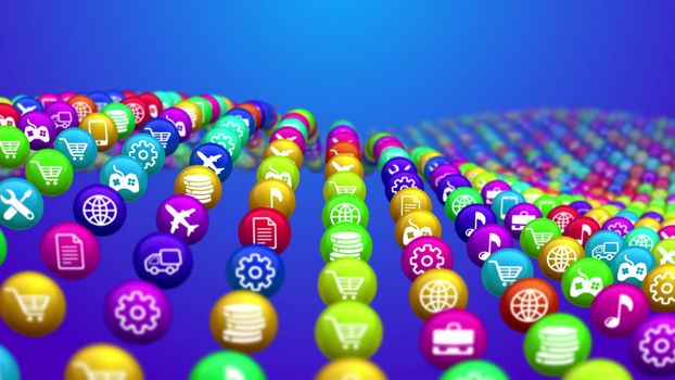 An astonishing 3d illustration of rising and falling colorful social news balls put in rows in the blue background. They display different social services, including internet, music, finance.