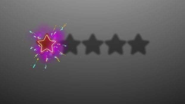 An impressive 3d rendering of one star sparkling in the grey background with four black stars. The star is red and is surrounded with festive salute looking lines.