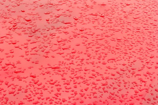Drops of rain on red background. Natural Pattern of raindrops.