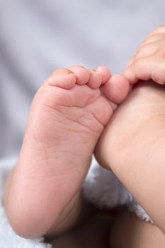 Close up of a cute tiny baby foot of a newborn boy.