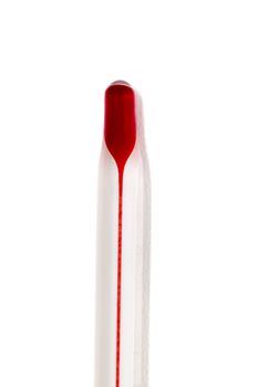 Close up view of the tip of a mercury thermometer isolated on a white background.