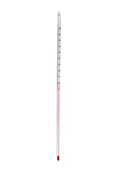 Close up view of a scientific long thermometer isolated on a white background.