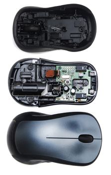 Computer Wheel mouse opened to see circuits inside isolated on a white background.