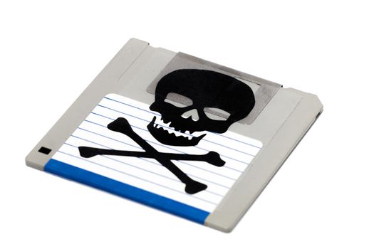 Close up view of a infected computer floppy disk isolated on a white background. Conceptual image with skull and bones.