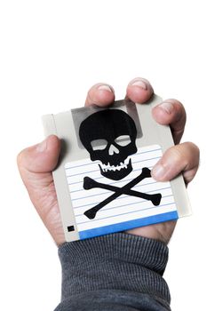 Hand holding a infected computer floppy disk isolated on a white background. Conceptual image with skull and bones.