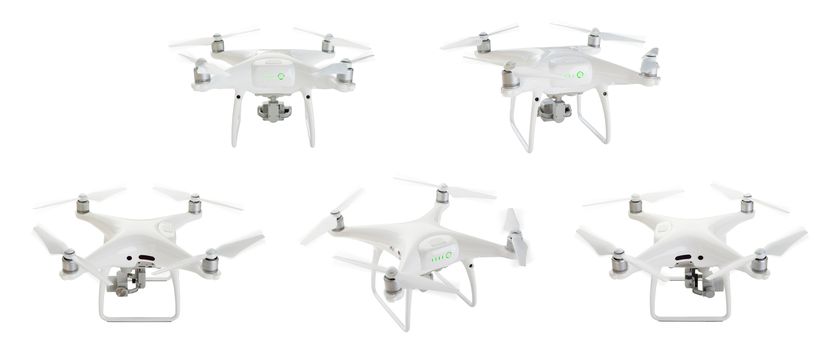 Unmanned Aircraft System (UAV) Quadcopter Drones Set 1 of 2 Isolated on White.