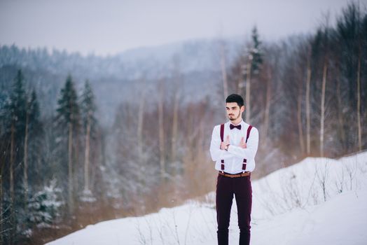 groom in a brown and bride in burgundy in the mountains Carpathians