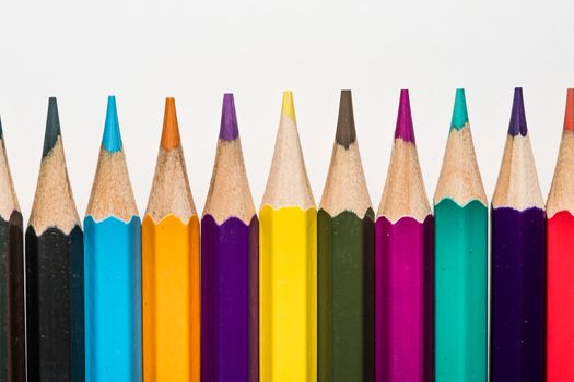 Close up view of multicolored pencil for drawing, painting and coloring