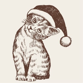 freehand sketch illustration of little cat, kitten with christmas santa hat, doodle hand drawn