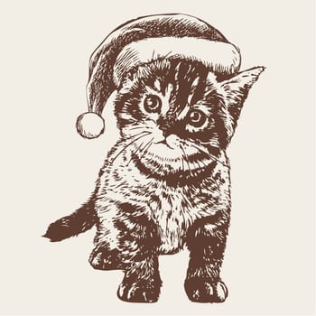 freehand sketch illustration of little cat, kitten with christmas santa hat, doodle hand drawn