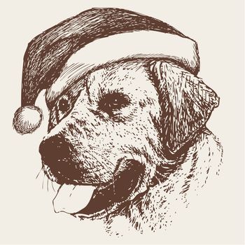 Labrador Retriever dog with santa claus hat hand drawn , use for christmas background