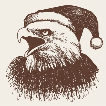 freehand sketch illustration of eagle bird with christmas hat, doodle hand drawn, christmas animal