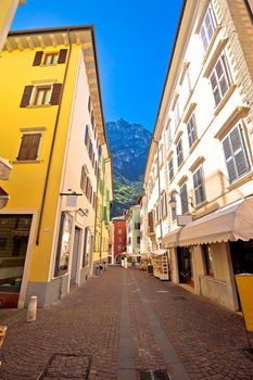 Colorful street of Riva del Garda, town on Garda lake in South Tyrol state of Italy