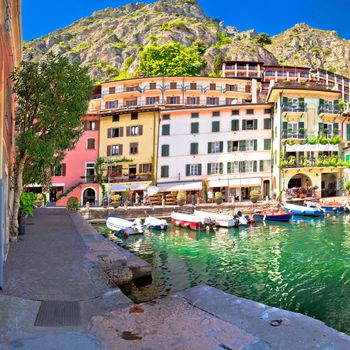 Limone sul Garda turquoise harbor panoramic view, town on Garda lake in Lombardy, Italy