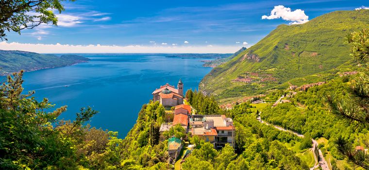 Madonna di Montecastello hermitage above Lago di Garda view, Lombardy, Italy