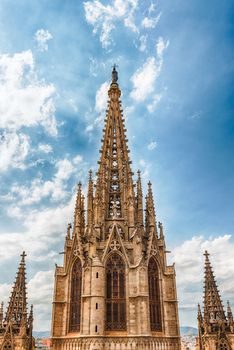 Main tower of the gothic Cathedral of the Holy Cross and Saint Eulalia, aka Barcelona Cathedral, Catalonia, Spain
