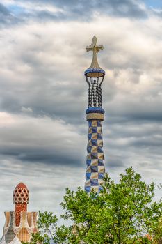 Modernist architecture at the entrance pavillions of Park Guell, Barcelona, Catalonia, Spain