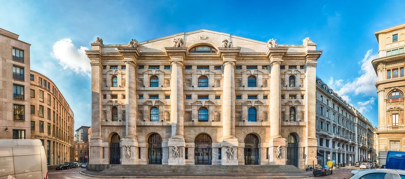 Panoramic view of Palazzo Mezzanotte (in english: Midnight Palace), seat of the Italian stock exchange in Milan, Italy