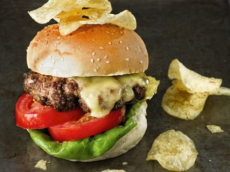 close up of rustic american hamburger