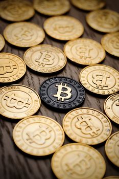 Crypto currency physical bitcoin coin. Bitcoin tokens digital money concept.