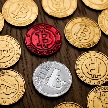 Crypto currency physical bitcoin coin. Bitcoin tokens digital money concept.