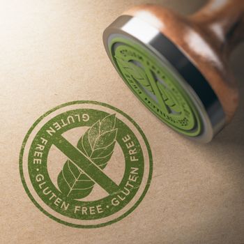 3D illustration of rubber stamp with the gluten free printed on kraft paper background. Diet concept.