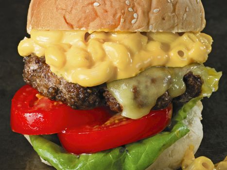 close up of rustic american mac and cheese hamburger