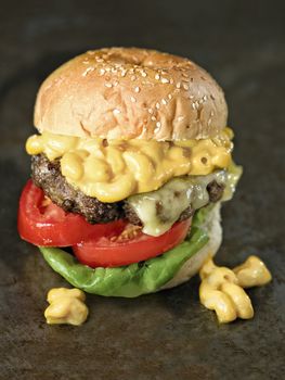 close up of rustic american mac and cheese hamburger