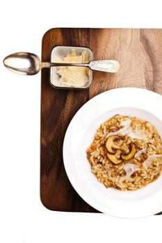 Mushroom risotto served on a table. Italian cuisine