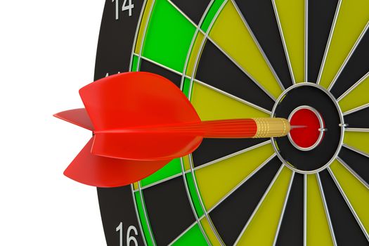 Close up red dart arrow on center of dartboard. 3d illustration