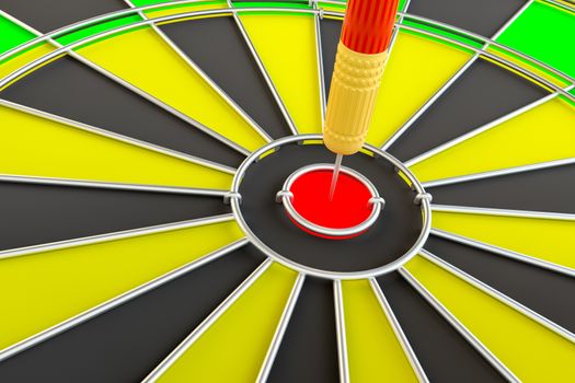 Target dart arrow hitting in the center of dartboard. 3d illustration