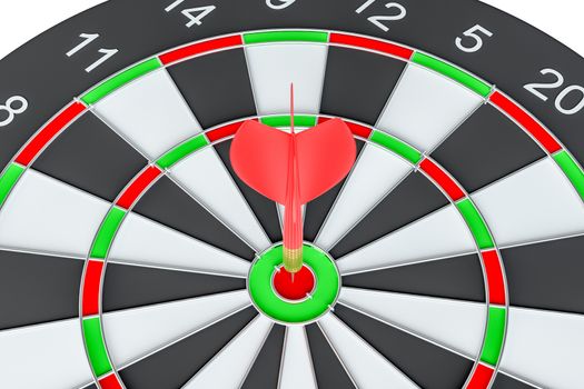 Target dart arrow hitting in the center of dartboard. 3d illustration