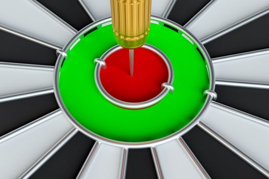 Target dart arrow hitting in the center of dartboard. 3d illustration