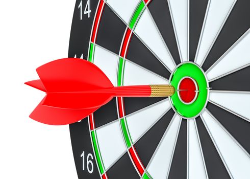 Close up red dart arrow on center of dartboard. 3d illustration