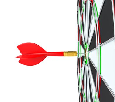 Target dart arrow hitting in the center of dartboard. 3d illustration